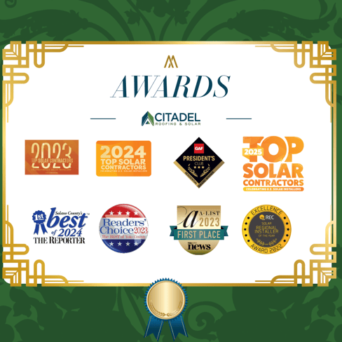 Recent California roofing, solar, and battery installation awards for Citadel Roofing & Solar, including Top Solar Contractors 2023, 2024, and 2025, GAF President’s Club, REC Solar Installer of the Year 2022, Solano County’s Best 2024, Readers’ Choice 2023, and A-List First Place 2023.
