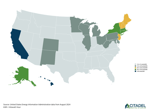 Color-coded map of the United States displaying electricity rates by state. States in the Northeast, Alaska, and California appear to have the highest electricity costs, while many states in the Midwest and South have lower rates.